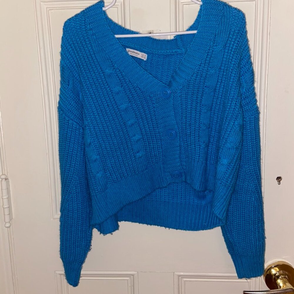 Stradivarious chunky knit cardigan in bright blue